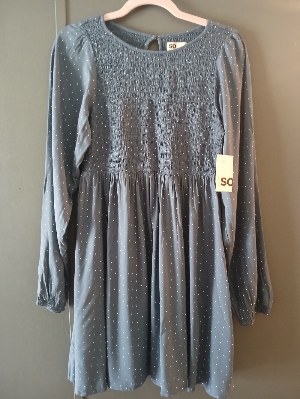 Juniors' SO Smocked Long Sleeve Mini Dress M - Picture 2 of 5